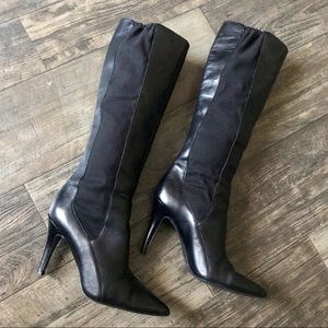 Tahari Black Leather Pull On High Heeled Boots 7